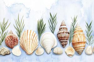 Realistic marine life set showcasing diverse shells, corals, and underwater flora arranged artistically on a watercolor background photo