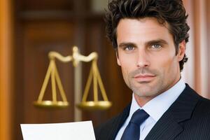 Serious lawyer in a suit holding legal document with Scales of Justice symbolizing professionalism and expertise in a law office photo