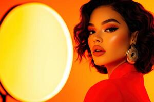 Latina woman applying bronzer in warm golden light in a stylish bedroom setting featuring a minimalist design photo