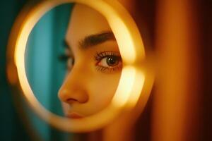 South Asian teenager smiling while trying on mascara in a cozy bedroom during afternoon photo