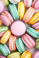 Colorful assortment of macarons arranged beautifully in a circular pattern showcasing lavender, mint green, lemon yellow, and raspberry red shades photo