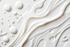 Top-down perspective reveals a dynamic milk splash with suspended droplets against a clean white backdrop, capturing a moment of freshness and fluidity photo