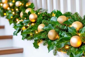 Holly garland with golden twinkle lights decorates a staircase railing for christmas in a cozy home, creating a festive and inviting atmosphere photo