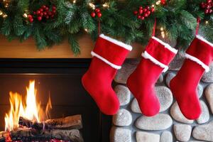 Christmas fireplace decorated with a garland and stockings, with a warm, inviting fire burning on a cozy evening during the holiday season photo