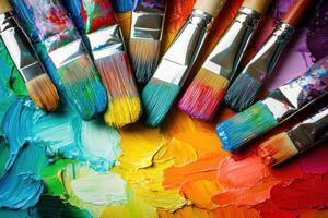 Artists palette vividly displays thick textured acrylic paint, blending colorful hues as an array of paintbrushes rest atop, poised for creative expression and artistic exploration photo