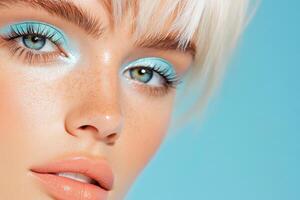 Fashion portrait showcasing model with pastel blue eyeshadow and soft lighting for an ethereal look in a minimalist style photo