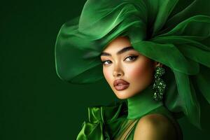 portrait showcasing a model in an avant-garde olive-green outfit with sheer fabrics and structured shoulders against a deep green background photo