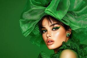 a model in an avant-garde olive-green outfit with sheer fabrics and structured shoulders against a deep green background photo