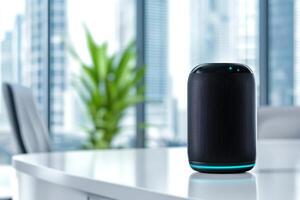 AI-powered office assistant aids employees in scheduling tasks efficiently with voice activation in a modern workspace photo