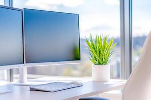 Modern ergonomic office setup features an adjustable standing desk, dual-monitor system, and ergonomic chair in a bright, clutter-free workspace photo