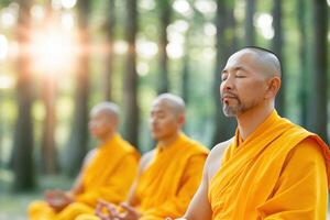 Group of Buddhist monks in saffron robes meditating peacefully in a serene forest clearing during soft morning light photo