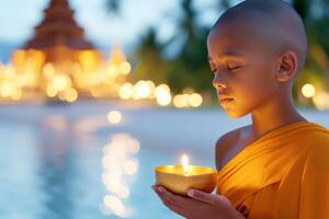 Young Buddhist monk prays with a candle, illuminated temple in the background during evening light photo