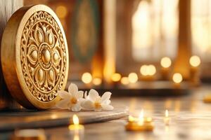 Intricate golden Dharma Wheel placed on an altar with incense, candles, and sacred texts for meditation and reflection photo