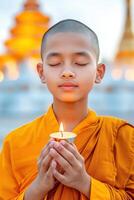 Young Buddhist monk prays with a candle during twilight at a serene temple photo