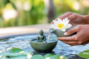 Devotee performing Vesak purification ritual by pouring water over Buddha statue surrounded by flower petals in serene setting photo
