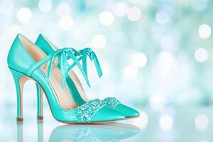 High-fashion turquoise lace-up heels create a stunning impact on a glossy white surface showcasing luxury and elegance in footwear design photo