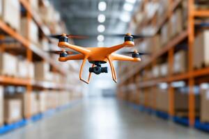 High-tech warehouse utilizes AI-powered drones for efficient inventory management and scanning systems across organized shelves photo