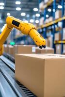Futuristic automated warehouse features robotic arms sorting packages efficiently in a modern logistics facility photo