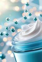 Cosmetic cream with peptides creates a luxurious texture in an open jar, surrounded by molecular structures and glowing particles photo