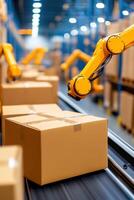 Futuristic automated warehouse equipped with robotic arms and conveyor belts efficiently sorting packages photo