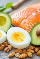 Natural sources of peptides showcased beautifully through salmon, eggs, nuts, and avocado on a wooden surface with soft natural lighting photo