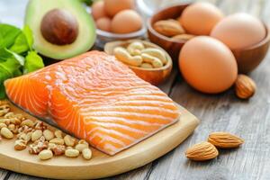 Delicious natural sources of peptides featured on a rustic wooden surface beautifully illuminated by soft natural lighting photo