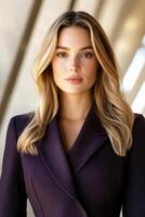 Mysterious fashion shot of a woman in structured dark plum suit in minimalistic concrete room with dramatic lighting photo