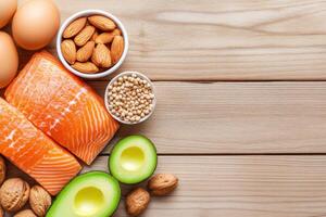 Natural sources of peptides showcased on a wooden surface featuring salmon, eggs, nuts, and avocado in soft natural light photo