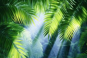 Lush misty jungle with towering palm trees and sunlight filtering through dense foliage creates a tranquil and mystical atmosphere photo