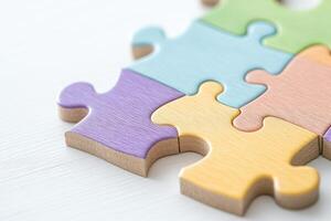 Wooden puzzle with multicolored pieces and one missing piece representing inclusivity and understanding of neurodiverse minds photo
