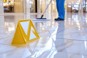 Janitor mops marble floor of shopping mall while ensuring safety with wet floor sign nearby photo