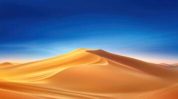 Elegant sand dunes illuminated by golden twilight under a deep blue sky create a stunning desert landscape at dusk photo