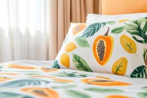 Beautiful papaya fruit pattern on textile fabric paired with warm wooden accessories and soft beige drapery in a bright and inviting room setting photo