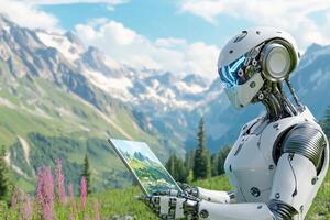Robot artist creating a landscape painting in a vibrant outdoor setting surrounded by natural scenery and mountains photo