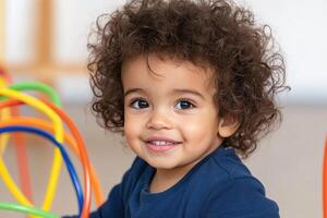 Smiling neurodiverse child joyfully playing with colorful sensory toys in a warm, inviting indoor space photo