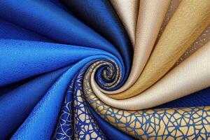 Luxurious fabric swatches in shades of indigo, cobalt, beige, and gold arranged in a spiral pattern on a neutral background for elegant design inspiration photo