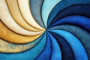 Luxurious fabric swatches in indigo, cobalt, beige, and gold arranged in a spiral pattern on a neutral background photo