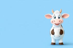 Happy cartoon cow enjoying fresh milk in a bright blue background for a cheerful dairy advertisement concept photo