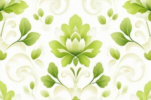 Luxurious green and white damask pattern with intricate floral designs suitable for elegant textile applications photo