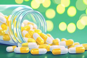 Transparent pill bottle spills yellow and white tablets on a surface with soft natural lighting in a tranquil setting photo