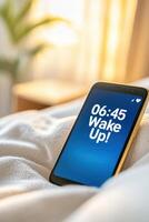 Smartphone alarm displaying 06.45 wake up notification in soft morning light on a bed with cozy bedding and a hint of greenery nearby photo
