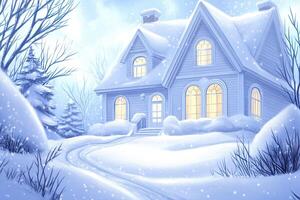 Charming vintage house in soft lavender tones surrounded by light snow with warm glowing windows creates a cozy winter atmosphere photo