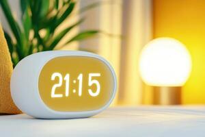 Smart home digital clock displaying 21.15 in a modern bedroom with ambient lighting and a visible voice assistant feature photo