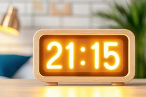 Smart home digital clock displaying 21.15 in modern bedroom with ambient lighting and integrated voice assistant feature photo