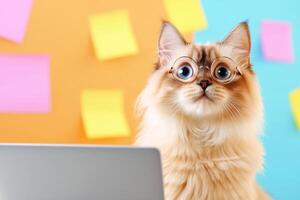 Ragdoll cat with headphones and spectacles engaged in an online meeting with colorful post-it notes in the background photo