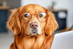 Golden Retriever dog wearing glasses and hoodie focused on laptop, embodying the remote worker lifestyle in a cozy indoor setting photo