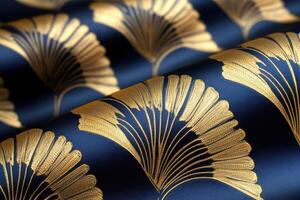 Decorative fabric with gold art deco motifs on navy background captures light in an elegant arrangement showcasing its intricate design photo
