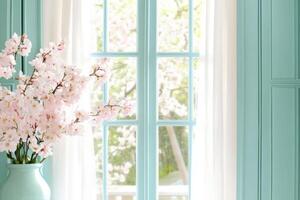 Dreamy French garden window with sheer curtains and floral accents creates a soft nostalgic atmosphere in a tranquil setting photo