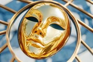 Symbolic composition of a golden mask on a vanity table reflecting in a distorted mirror, representing themes of vanity and identity exploration photo