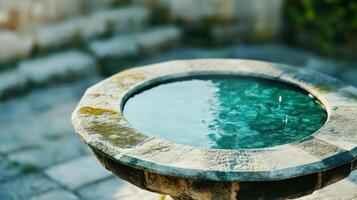Old weathered fountain with moss-covered stone in a charming French courtyard surrounded by greenery and historical elements photo